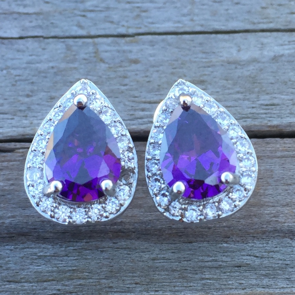 Amethyst CZ teardrop water drop halo stud Earrings white gold plated